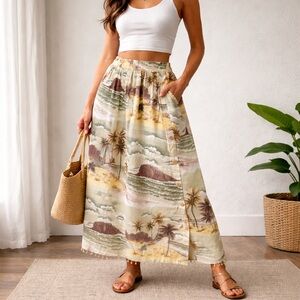 Vintage Hawaiian-Style Rayon Midi Skirt Palm Print Wooden Button M